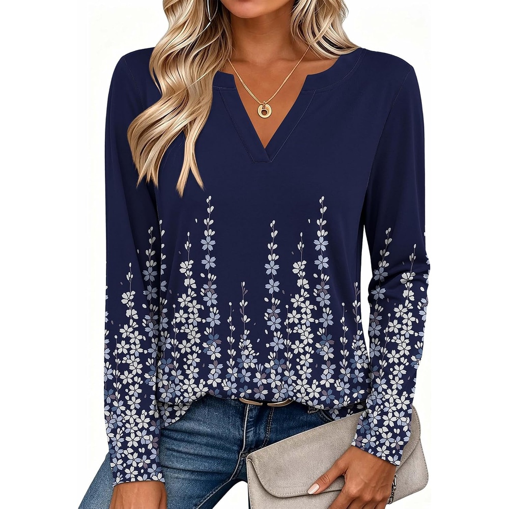 image:imageZeagoo Womens Tops Long Sleeve V Neck Tee Shirts Cute Dressy CasualBlue Flowers Sf388