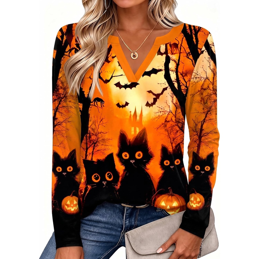 image:imageZeagoo Womens Tops Long Sleeve V Neck Tee Shirts Cute Dressy CasualHalloween Orange Cat Ws88