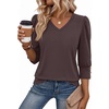 Zeagoo Womens 3/4 Sleeve V Neck T Shirts Dressy Casual Tops(04-brown)