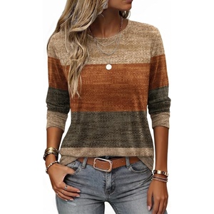 Zeagoo Women Crewneck Casual Long Sleeve Tops Fall Tshirts Layer(Z Stripes Brown 398)