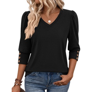 Zeagoo Womens 3/4 Sleeve V Neck T Shirts Dressy Casual Tops(04-black)