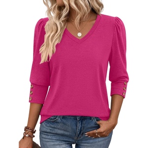 Zeagoo Womens 3/4 Sleeve V Neck T Shirts Dressy Casual Tops(04-hot Pink)