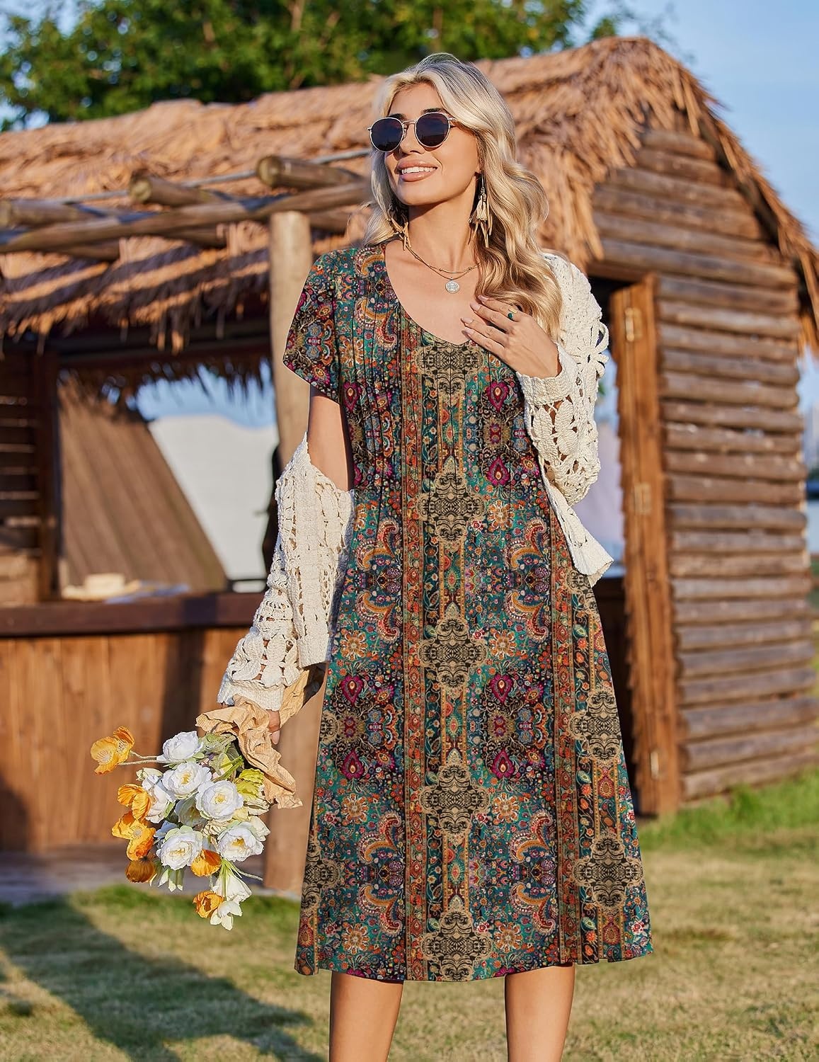 image:imageZeagoo Womens Casual Summer Dress 2026 Short Sleeve Dresses Pleats Midi A Line Flowy Dress Boho Beach Sundress with PocketsEthnic Flowers