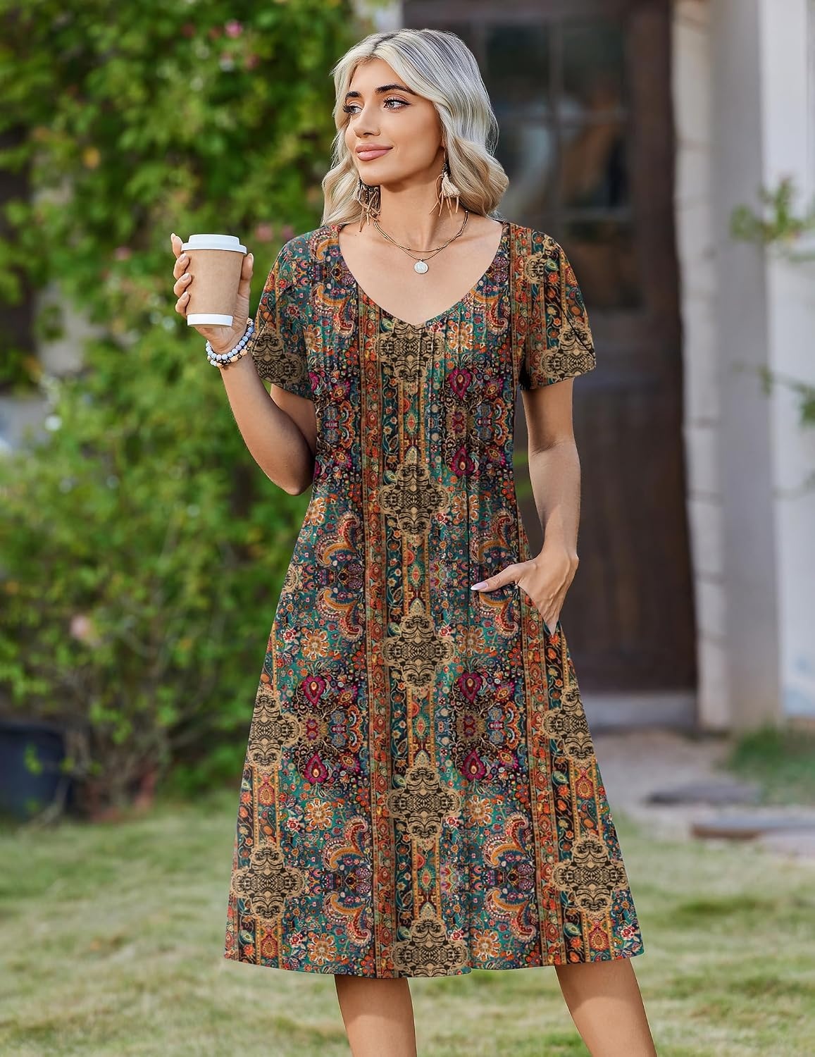 image:imageZeagoo Womens Casual Summer Dress 2026 Short Sleeve Dresses Pleats Midi A Line Flowy Dress Boho Beach Sundress with PocketsEthnic Flowers