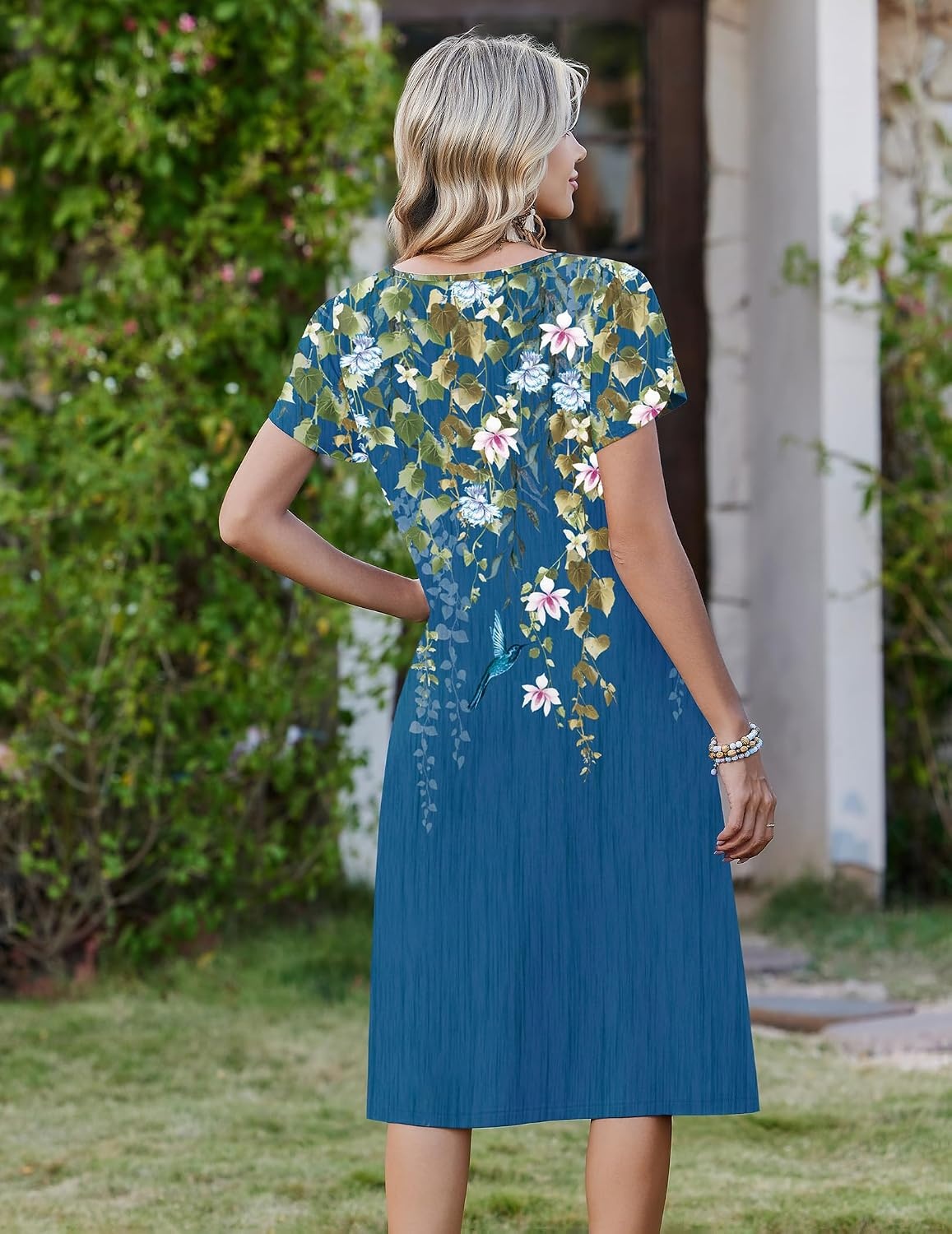 image:imageZeagoo Womens Casual Summer Dress 2026 Short Sleeve Dresses Pleats Midi A Line Flowy Dress Boho Beach Sundress with PocketsFloral Blue