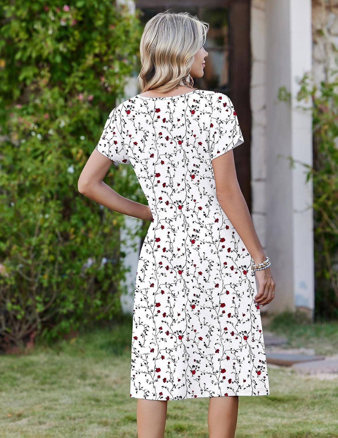 image:imageZeagoo Womens Casual Summer Dress 2026 Short Sleeve Dresses Pleats Midi A Line Flowy Dress Boho Beach Sundress with PocketsFloral White Red