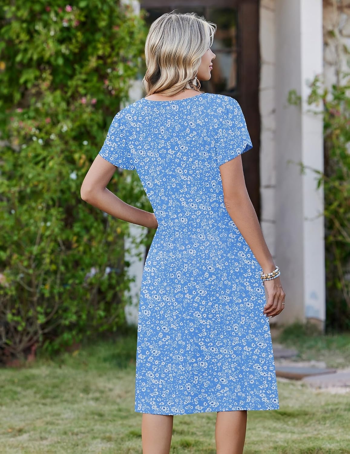 image:imageZeagoo Womens Casual Summer Dress 2026 Short Sleeve Dresses Pleats Midi A Line Flowy Dress Boho Beach Sundress with PocketsFlorallight Blue