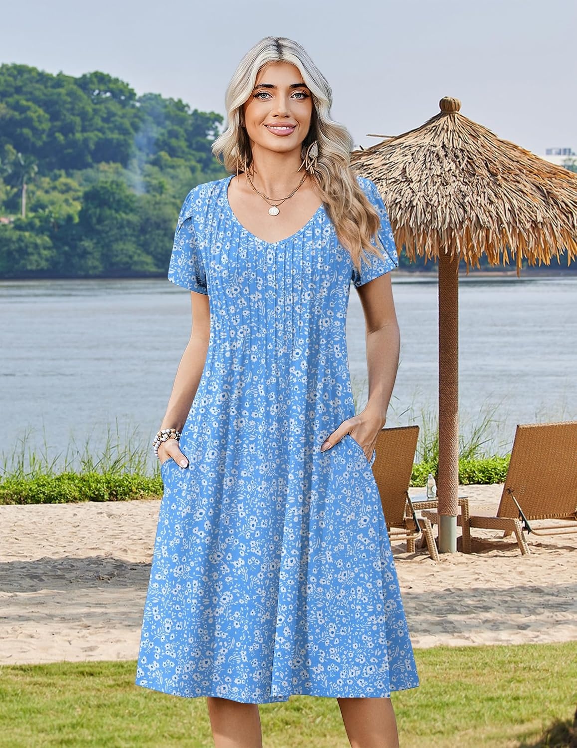image:imageZeagoo Womens Casual Summer Dress 2026 Short Sleeve Dresses Pleats Midi A Line Flowy Dress Boho Beach Sundress with PocketsFlorallight Blue