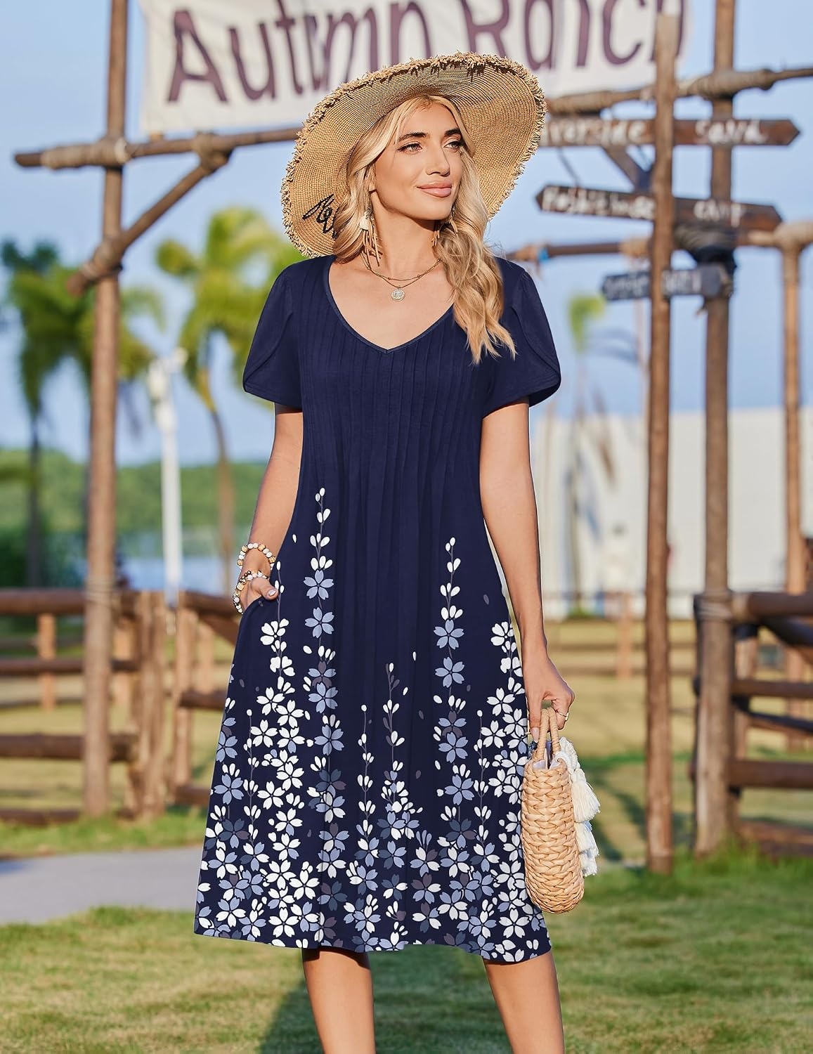 image:imageZeagoo Womens Casual Summer Dress 2026 Short Sleeve Dresses Pleats Midi A Line Flowy Dress Boho Beach Sundress with PocketsFlower Blue