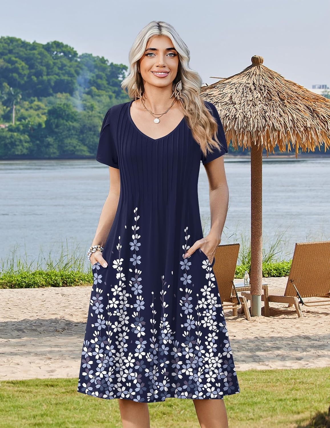 image:imageZeagoo Womens Casual Summer Dress 2026 Short Sleeve Dresses Pleats Midi A Line Flowy Dress Boho Beach Sundress with PocketsFlower Blue