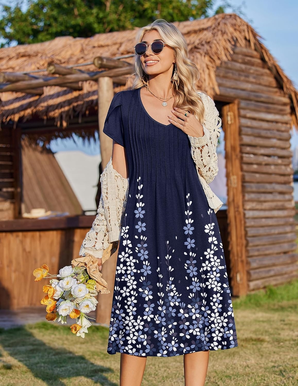 image:imageZeagoo Womens Casual Summer Dress 2026 Short Sleeve Dresses Pleats Midi A Line Flowy Dress Boho Beach Sundress with PocketsFlower Blue