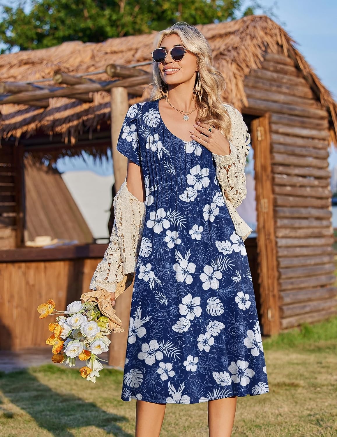 image:imageZeagoo Womens Casual Summer Dress 2026 Short Sleeve Dresses Pleats Midi A Line Flowy Dress Boho Beach Sundress with PocketsHawaii Floral