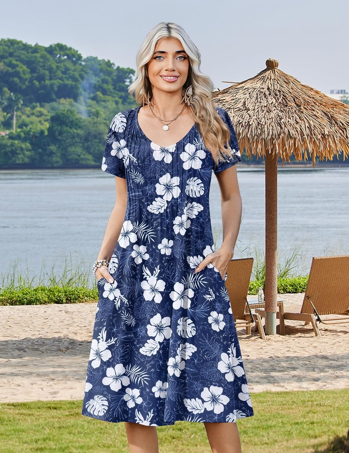 image:imageZeagoo Womens Casual Summer Dress 2026 Short Sleeve Dresses Pleats Midi A Line Flowy Dress Boho Beach Sundress with PocketsHawaii Floral