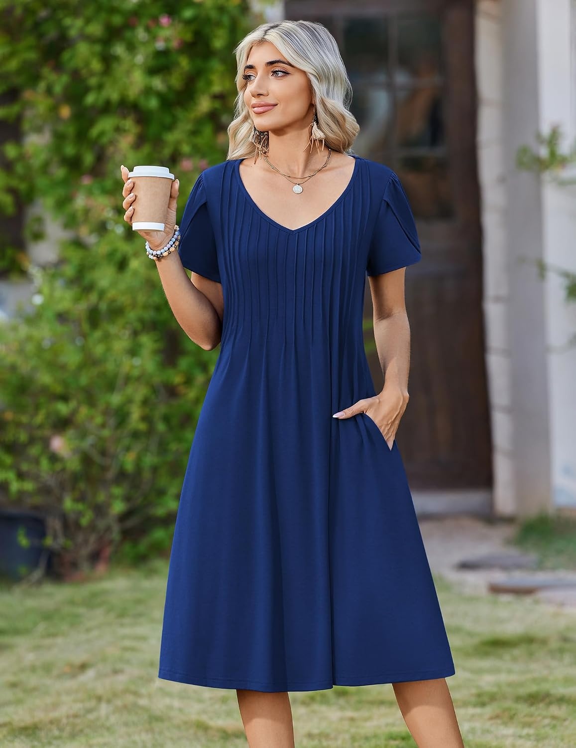 image:imageZeagoo Womens Casual Summer Dress 2026 Short Sleeve Dresses Pleats Midi A Line Flowy Dress Boho Beach Sundress with PocketsNavy Blue