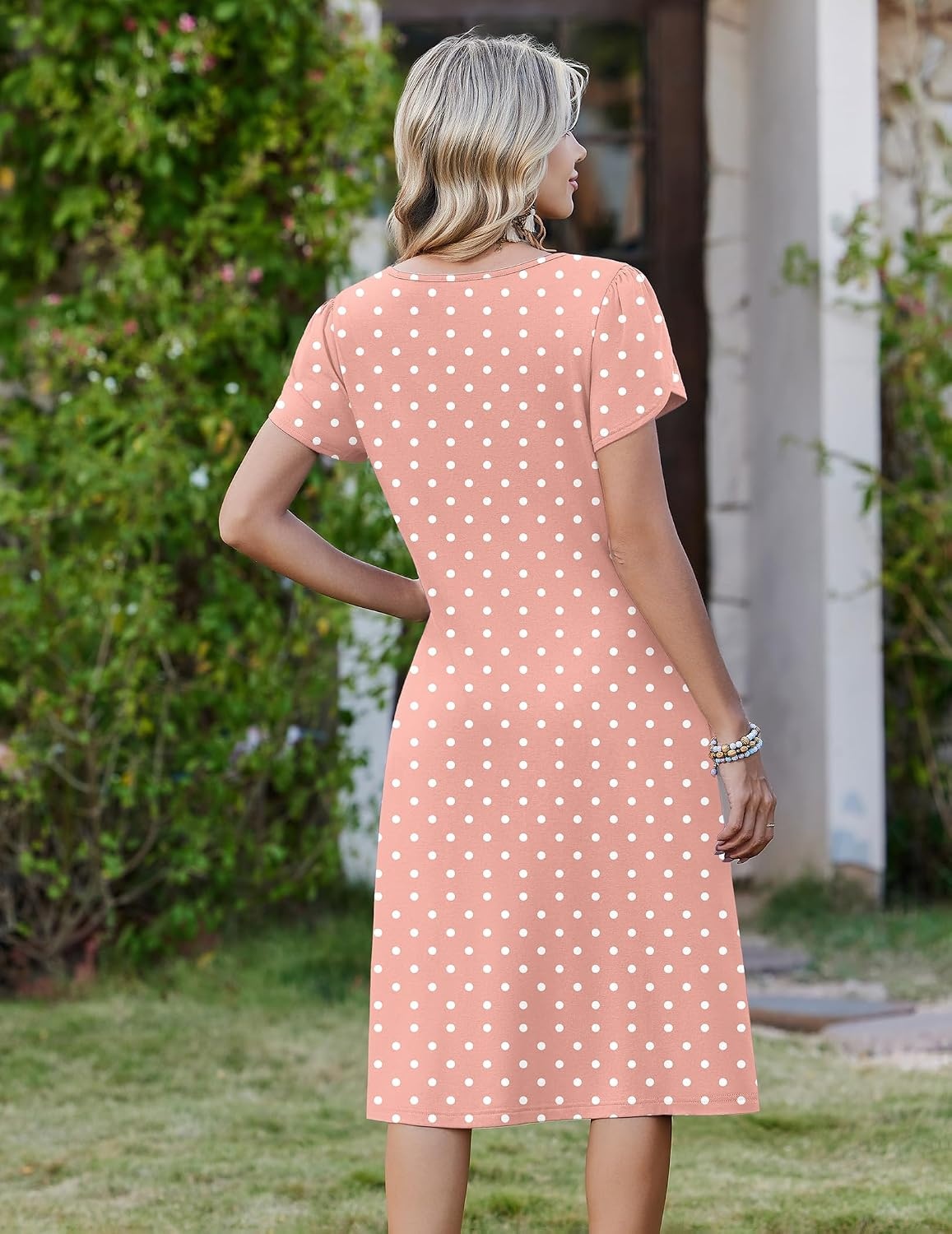 image:imageZeagoo Womens Casual Summer Dress 2026 Short Sleeve Dresses Pleats Midi A Line Flowy Dress Boho Beach Sundress with PocketsPink Dot