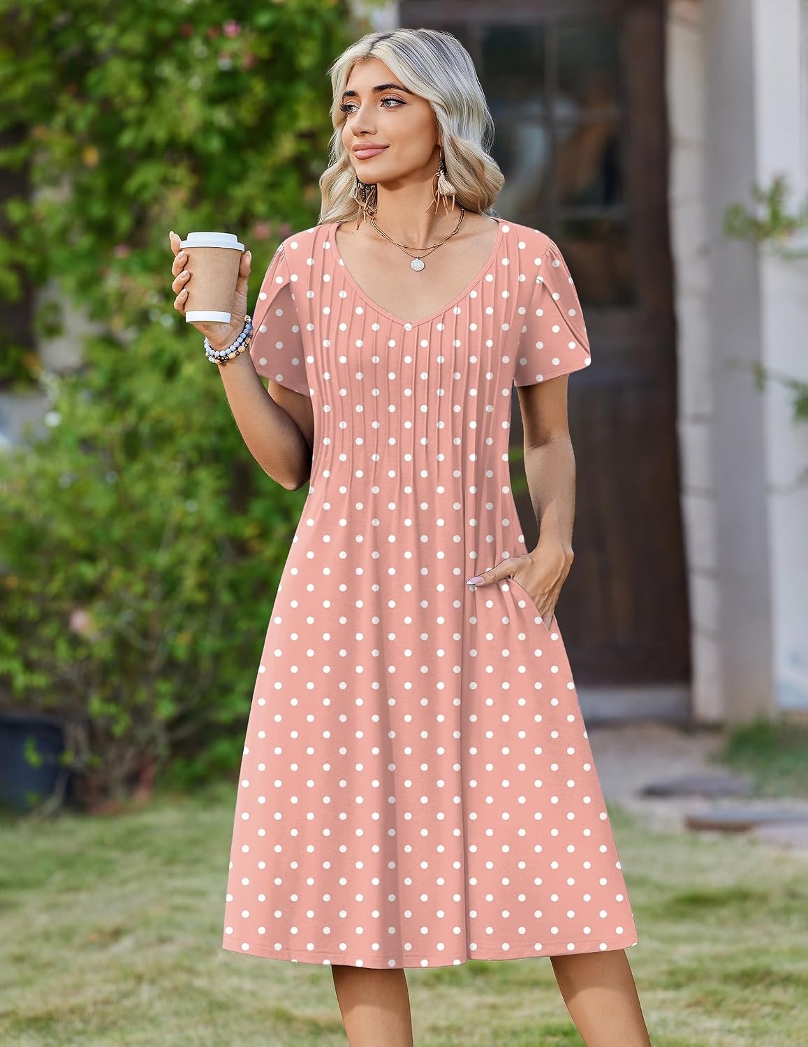 image:imageZeagoo Womens Casual Summer Dress 2026 Short Sleeve Dresses Pleats Midi A Line Flowy Dress Boho Beach Sundress with PocketsPink Dot