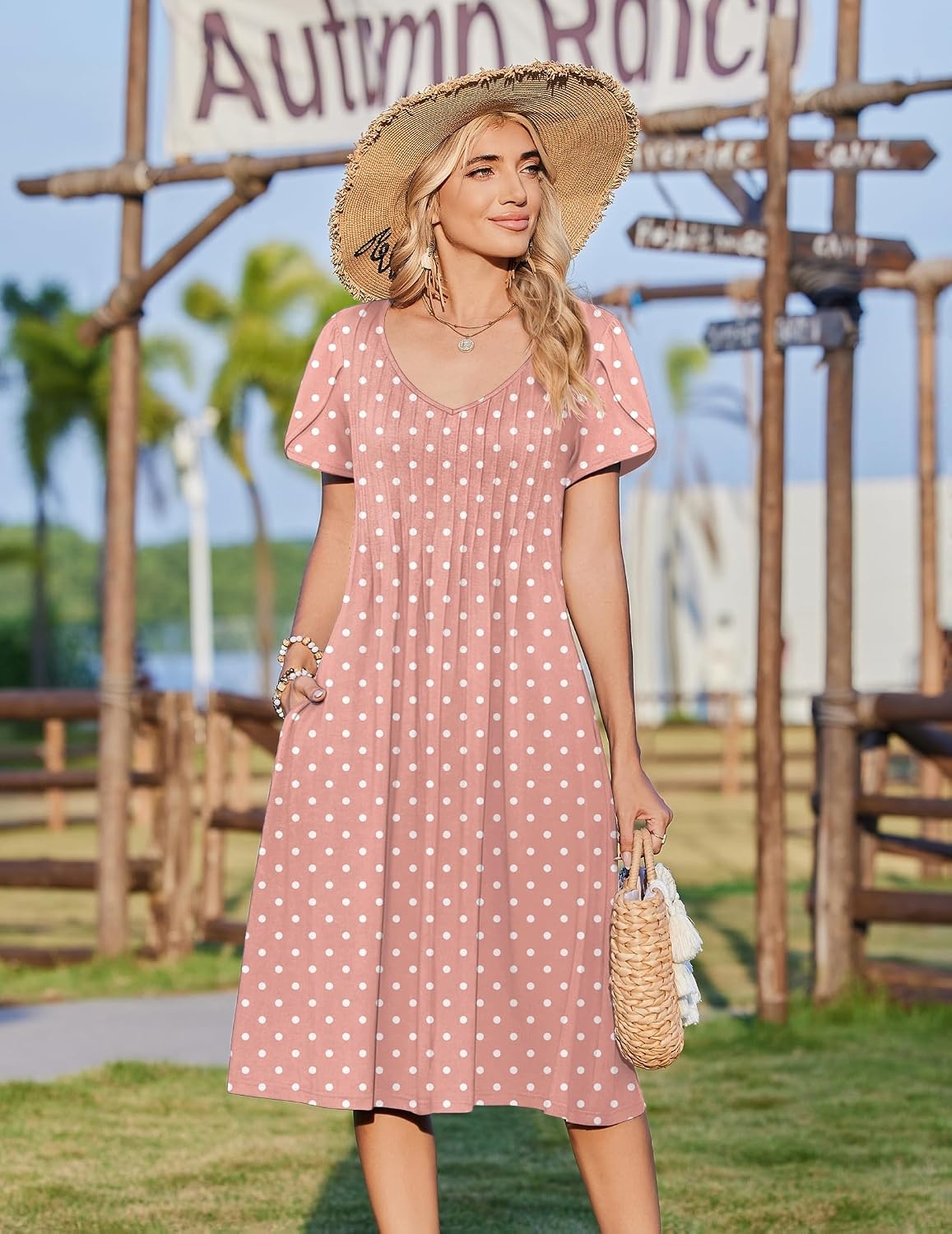 image:imageZeagoo Womens Casual Summer Dress 2026 Short Sleeve Dresses Pleats Midi A Line Flowy Dress Boho Beach Sundress with PocketsPink Dot