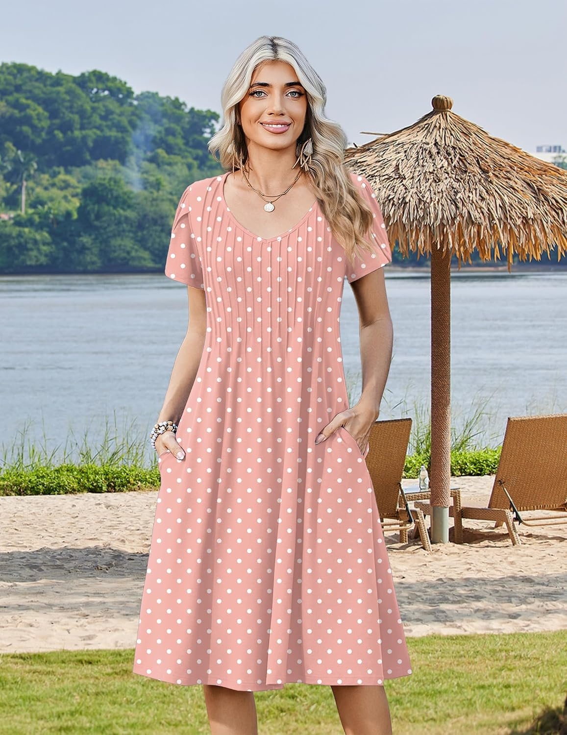 image:imageZeagoo Womens Casual Summer Dress 2026 Short Sleeve Dresses Pleats Midi A Line Flowy Dress Boho Beach Sundress with PocketsPink Dot