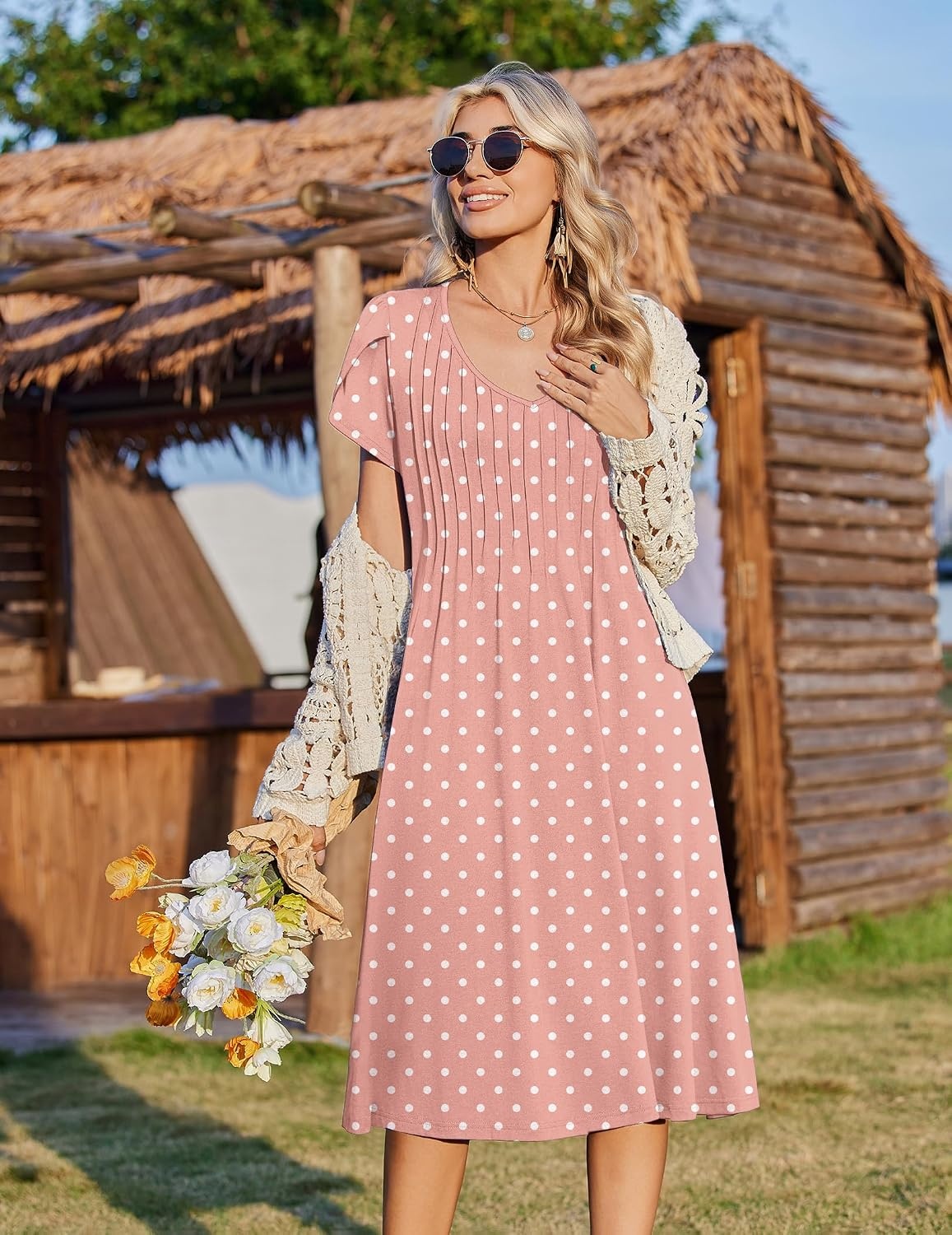image:imageZeagoo Womens Casual Summer Dress 2026 Short Sleeve Dresses Pleats Midi A Line Flowy Dress Boho Beach Sundress with PocketsPink Dot