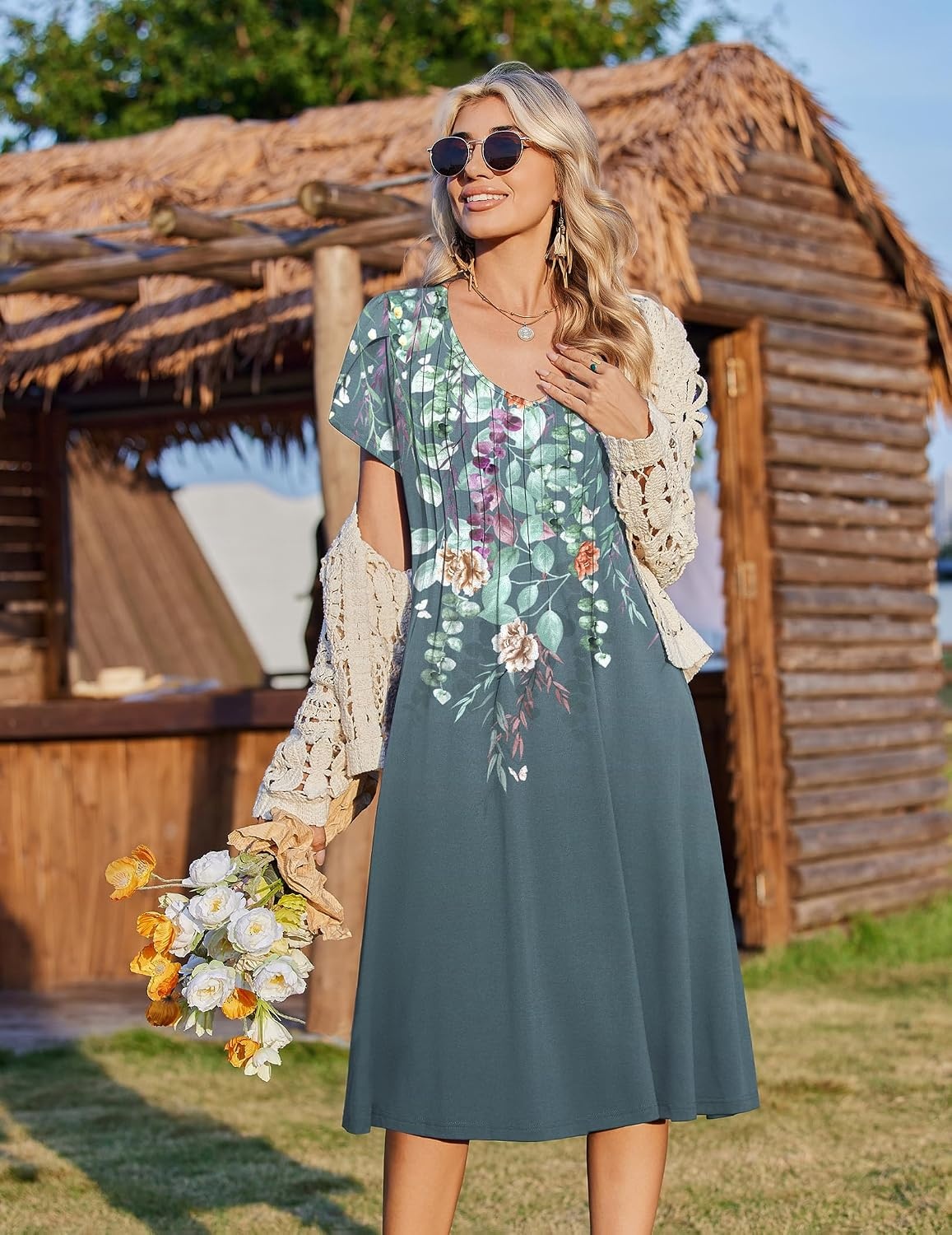 image:imageZeagoo Womens Casual Summer Dress 2026 Short Sleeve Dresses Pleats Midi A Line Flowy Dress Boho Beach Sundress with PocketsPlants Gray
