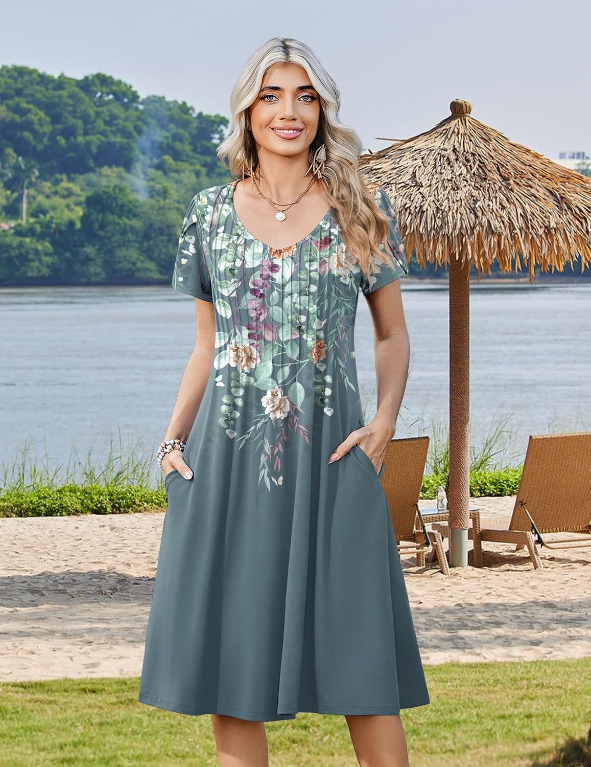 image:imageZeagoo Womens Casual Summer Dress 2026 Short Sleeve Dresses Pleats Midi A Line Flowy Dress Boho Beach Sundress with PocketsPlants Gray