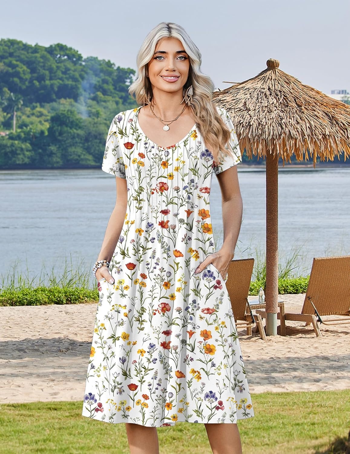 image:imageZeagoo Womens Casual Summer Dress 2026 Short Sleeve Dresses Pleats Midi A Line Flowy Dress Boho Beach Sundress with PocketsWhite Floral