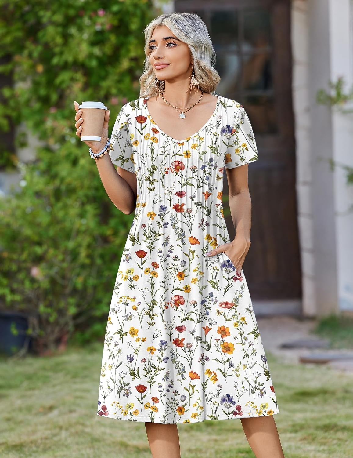image:imageZeagoo Womens Casual Summer Dress 2026 Short Sleeve Dresses Pleats Midi A Line Flowy Dress Boho Beach Sundress with PocketsWhite Floral