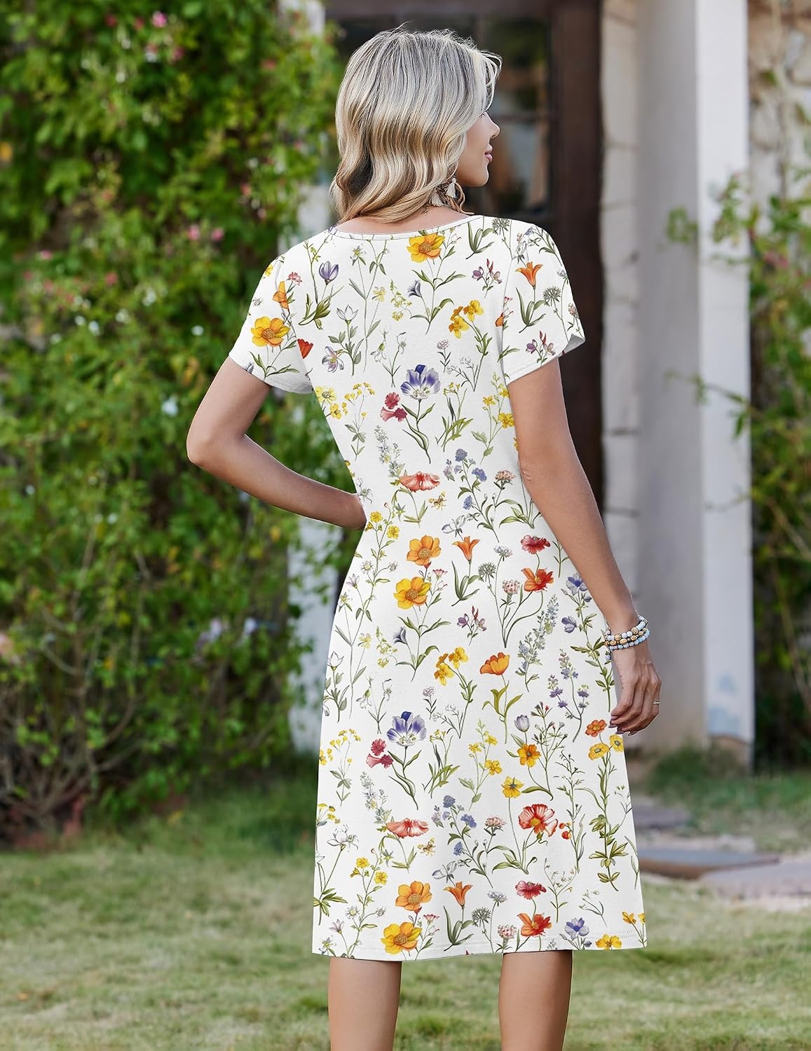 image:imageZeagoo Womens Casual Summer Dress 2026 Short Sleeve Dresses Pleats Midi A Line Flowy Dress Boho Beach Sundress with PocketsWhite Floral