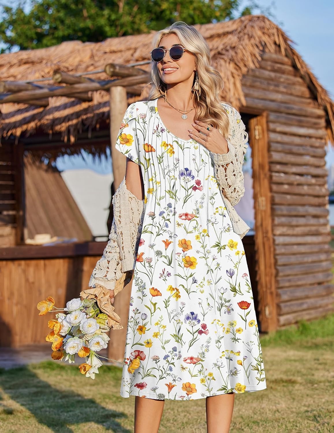 image:imageZeagoo Womens Casual Summer Dress 2026 Short Sleeve Dresses Pleats Midi A Line Flowy Dress Boho Beach Sundress with PocketsWhite Floral