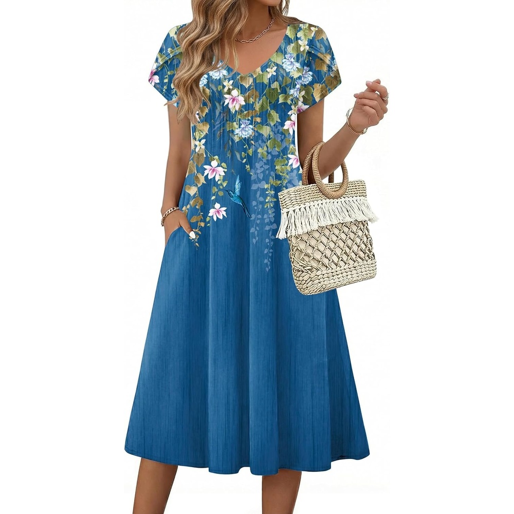 image:imageZeagoo Womens Casual Summer Dress 2026 Short Sleeve Dresses Pleats Midi A Line Flowy Dress Boho Beach Sundress with PocketsFloral Blue