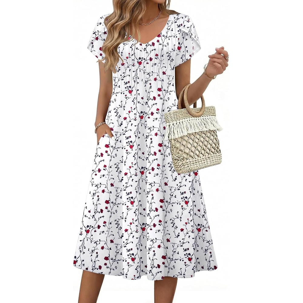 image:imageZeagoo Womens Casual Summer Dress 2026 Short Sleeve Dresses Pleats Midi A Line Flowy Dress Boho Beach Sundress with PocketsFloral White Red