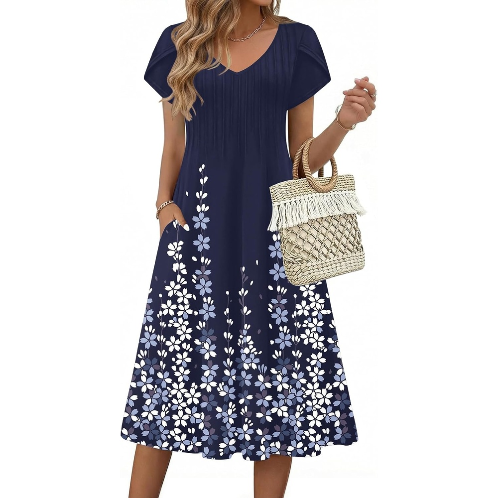 image:imageZeagoo Womens Casual Summer Dress 2026 Short Sleeve Dresses Pleats Midi A Line Flowy Dress Boho Beach Sundress with PocketsFlower Blue
