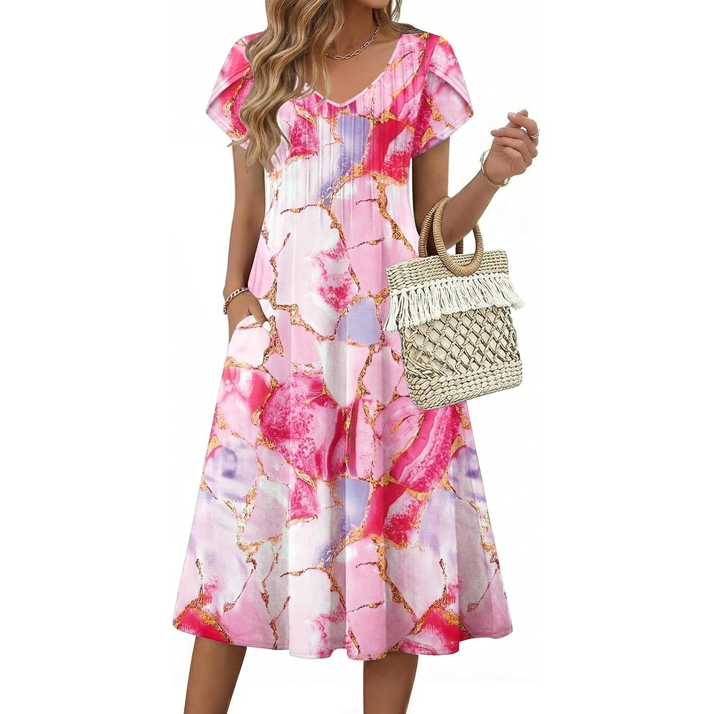 image:imageZeagoo Womens Casual Summer Dress 2026 Short Sleeve Dresses Pleats Midi A Line Flowy Dress Boho Beach Sundress with PocketsPatternpink