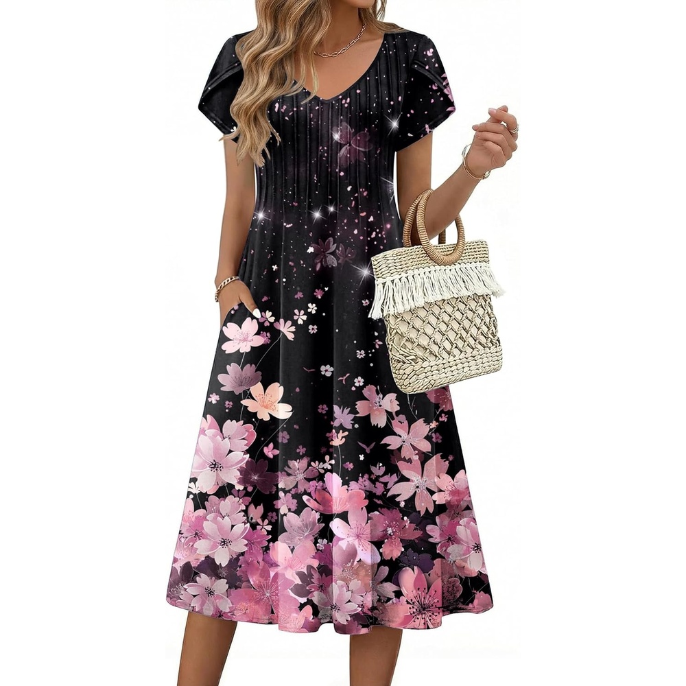 image:imageZeagoo Womens Casual Summer Dress 2026 Short Sleeve Dresses Pleats Midi A Line Flowy Dress Boho Beach Sundress with PocketsPink Black