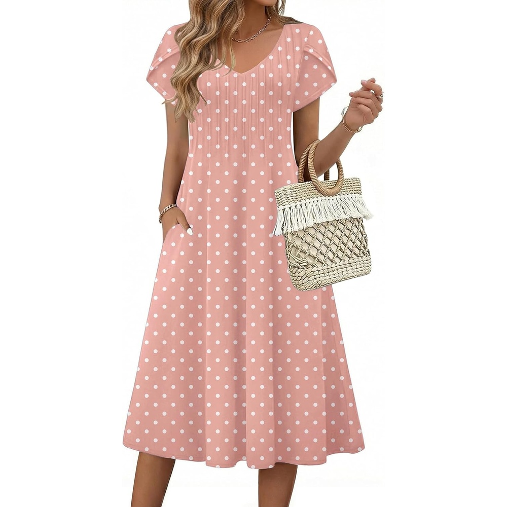 image:imageZeagoo Womens Casual Summer Dress 2026 Short Sleeve Dresses Pleats Midi A Line Flowy Dress Boho Beach Sundress with PocketsPink Dot