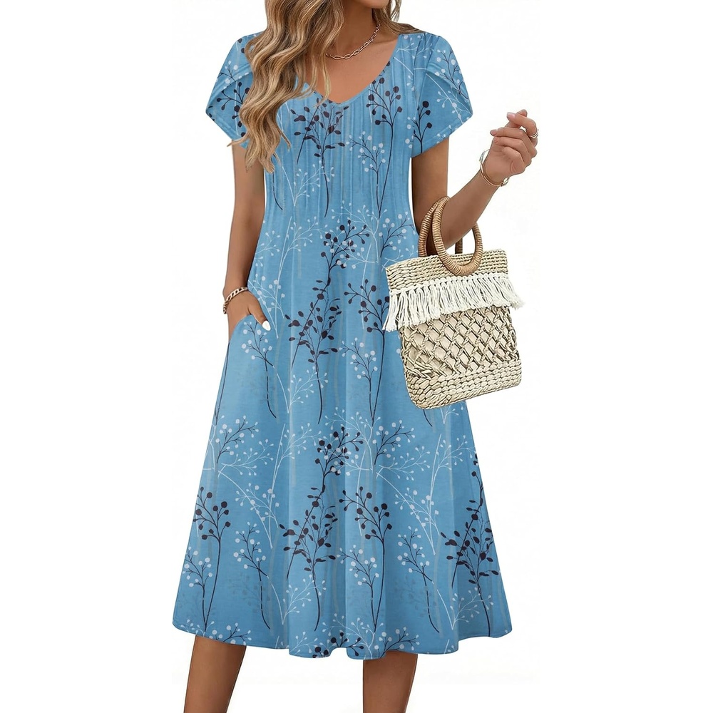 image:imageZeagoo Womens Casual Summer Dress 2026 Short Sleeve Dresses Pleats Midi A Line Flowy Dress Boho Beach Sundress with PocketsPlantsblue