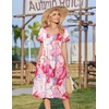 Zeagoo Womens Casual Summer Dress 2026 Short Sleeve Dresses Pleats Midi A Line Flowy Dress Boho Beach Sundress with Pockets(Pattern-pink)