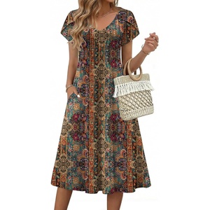 Zeagoo Womens Casual Summer Dress 2026 Short Sleeve Dresses Pleats Midi A Line Flowy Dress Boho Beach Sundress with Pockets(Ethnic Flowers)