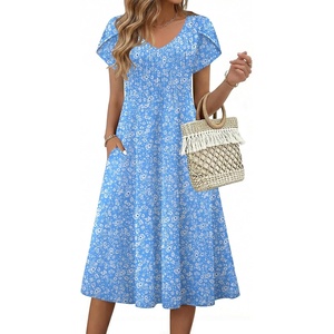 Zeagoo Womens Casual Summer Dress 2026 Short Sleeve Dresses Pleats Midi A Line Flowy Dress Boho Beach Sundress with Pockets(Floral-light Blue)