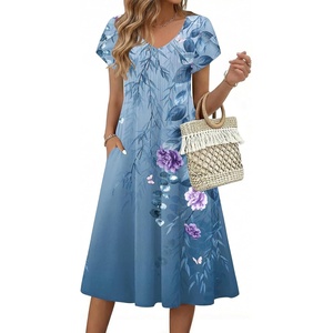 Zeagoo Womens Casual Summer Dress 2026 Short Sleeve Dresses Pleats Midi A Line Flowy Dress Boho Beach Sundress with Pockets(Flowers-blue)
