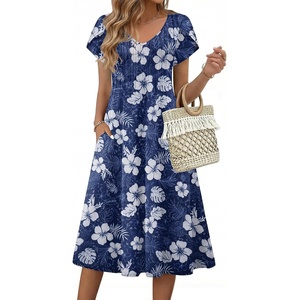 Zeagoo Womens Casual Summer Dress 2026 Short Sleeve Dresses Pleats Midi A Line Flowy Dress Boho Beach Sundress with Pockets(Hawaii Floral)