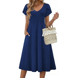 Zeagoo Womens Casual Summer Dress 2026 Short Sleeve Dresses Pleats Midi A Line Flowy Dress Boho Beach Sundress with Pockets(Navy Blue)