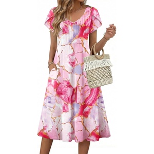 Zeagoo Womens Casual Summer Dress 2026 Short Sleeve Dresses Pleats Midi A Line Flowy Dress Boho Beach Sundress with Pockets(Pattern-pink)