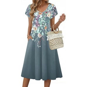 Zeagoo Womens Casual Summer Dress 2026 Short Sleeve Dresses Pleats Midi A Line Flowy Dress Boho Beach Sundress with Pockets(Plants Gray)