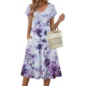 Zeagoo Womens Casual Summer Dress 2026 Short Sleeve Dresses Pleats Midi A Line Flowy Dress Boho Beach Sundress with Pockets(Purple White)
