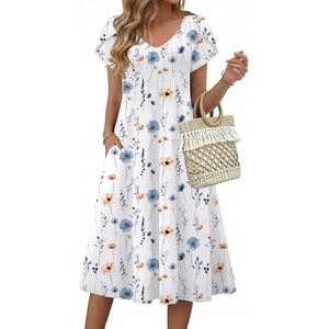 Zeagoo Womens Casual Summer Dress 2026 Short Sleeve Dresses Pleats Midi A Line Flowy Dress Boho Beach Sundress with Pockets(White Blue)