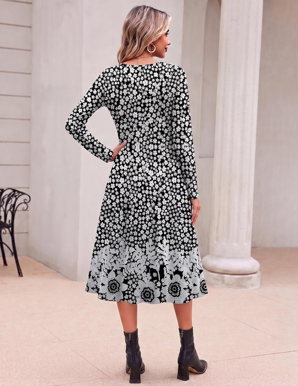 image:imageZeagoo Dresses for Womens Long Sleeve Midi Dress Fall Casual A Line DressBlack White Floral
