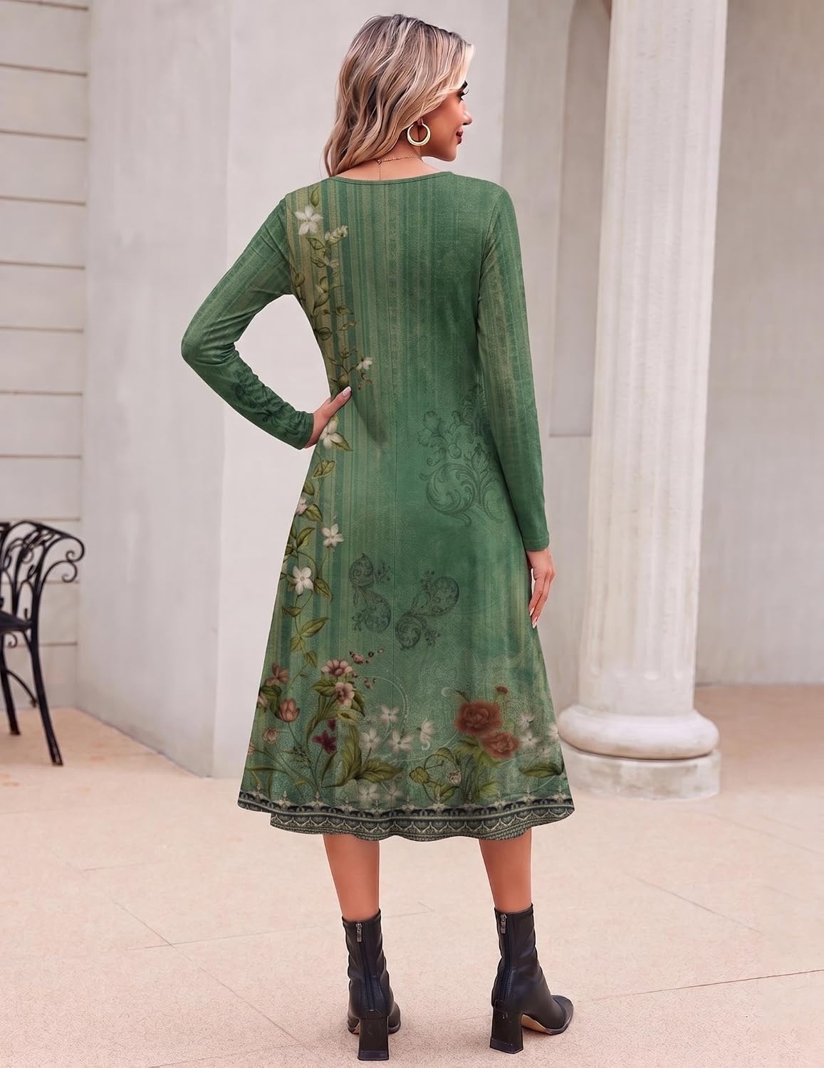 image:imageZeagoo Dresses for Womens Long Sleeve Midi Dress Fall Casual A Line DressGreen Floral