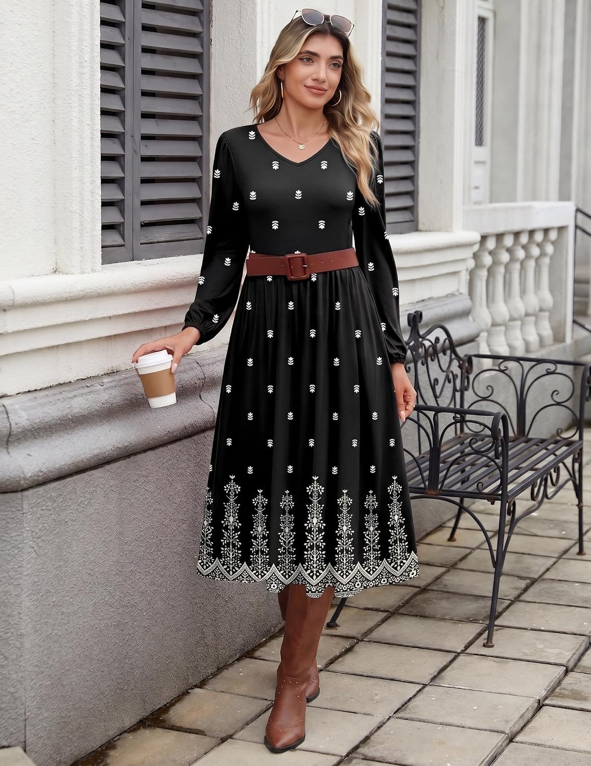 image:imageZeagoo Fall Dresses for Women Casual Long Sleeve A Line V Neck Midi DressBlack Boho Print