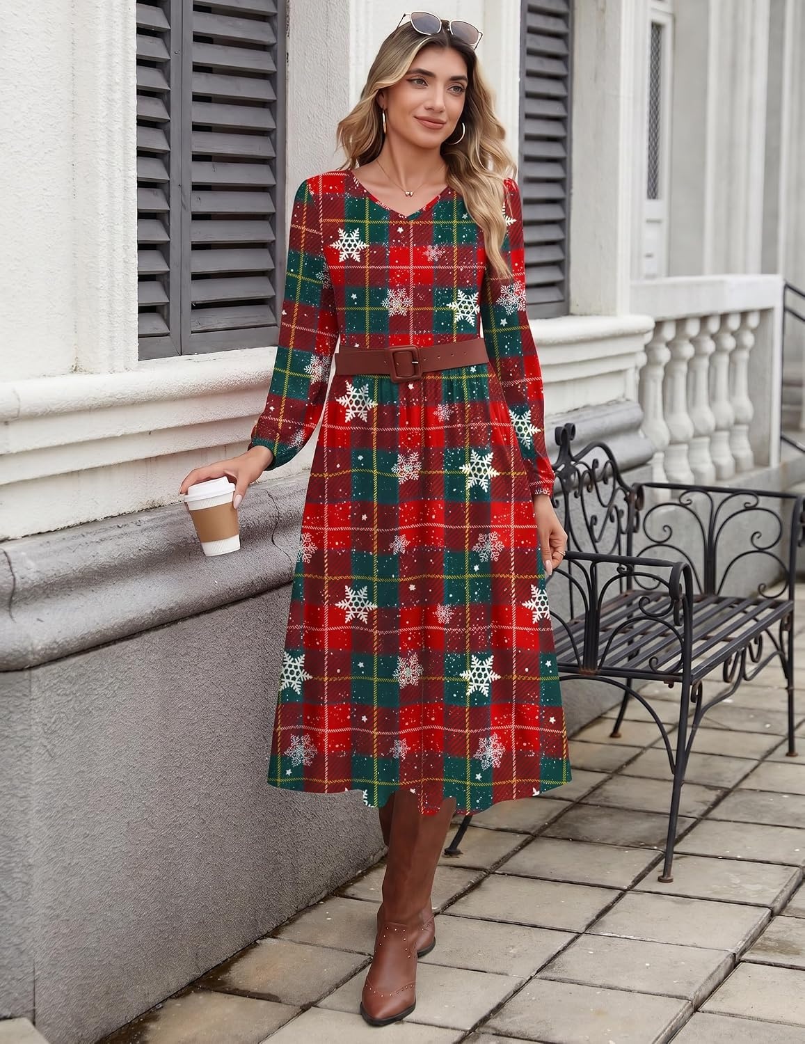 image:imageZeagoo Fall Dresses for Women Casual Long Sleeve A Line V Neck Midi DressChristmas Print